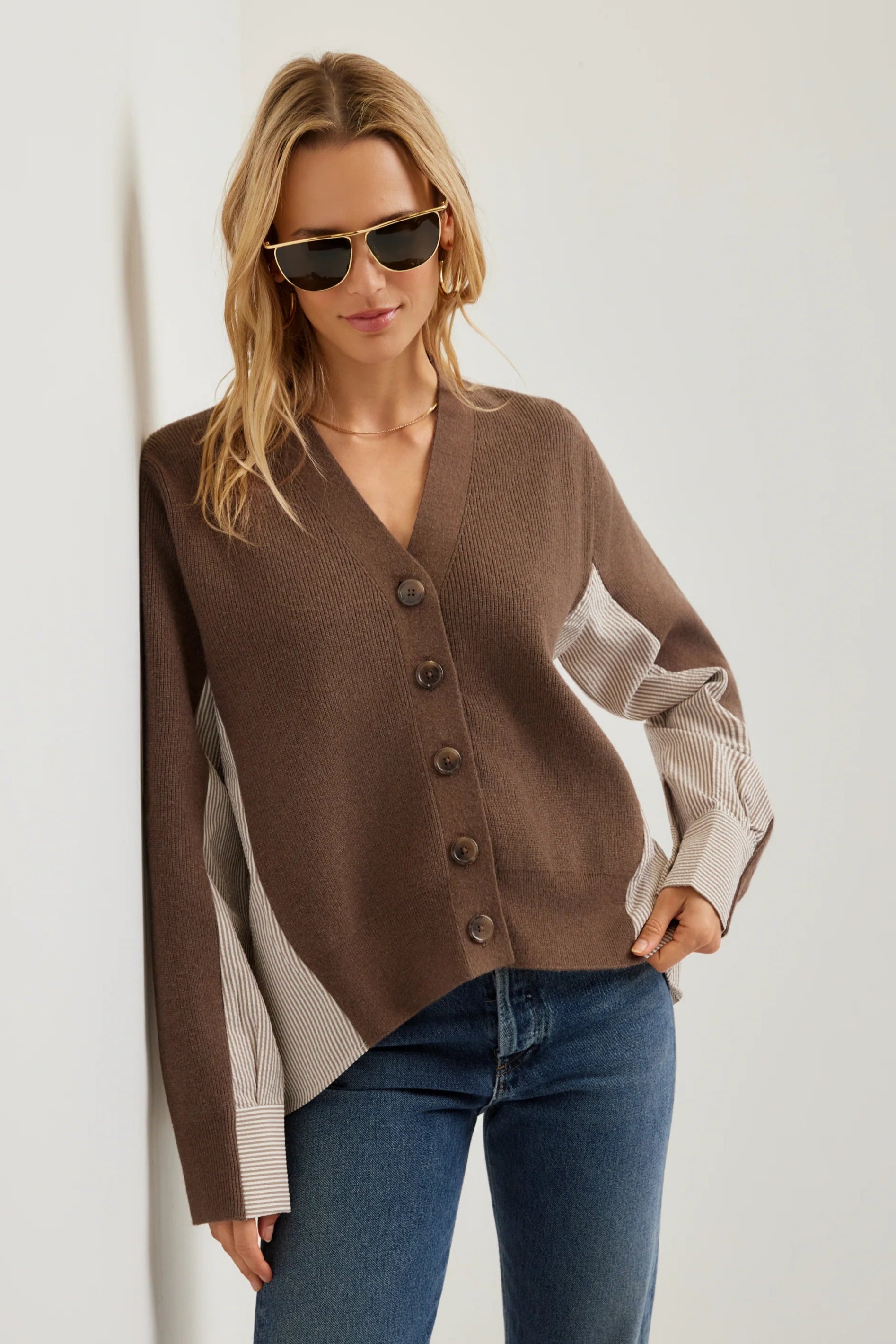 Celine Mixed Media Cardigan- Wood