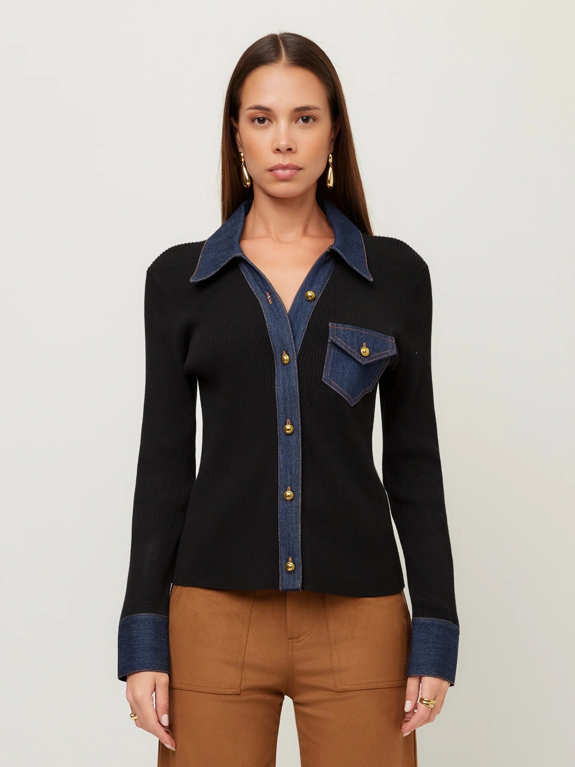 Denim Sweater Button Up Top- Black
