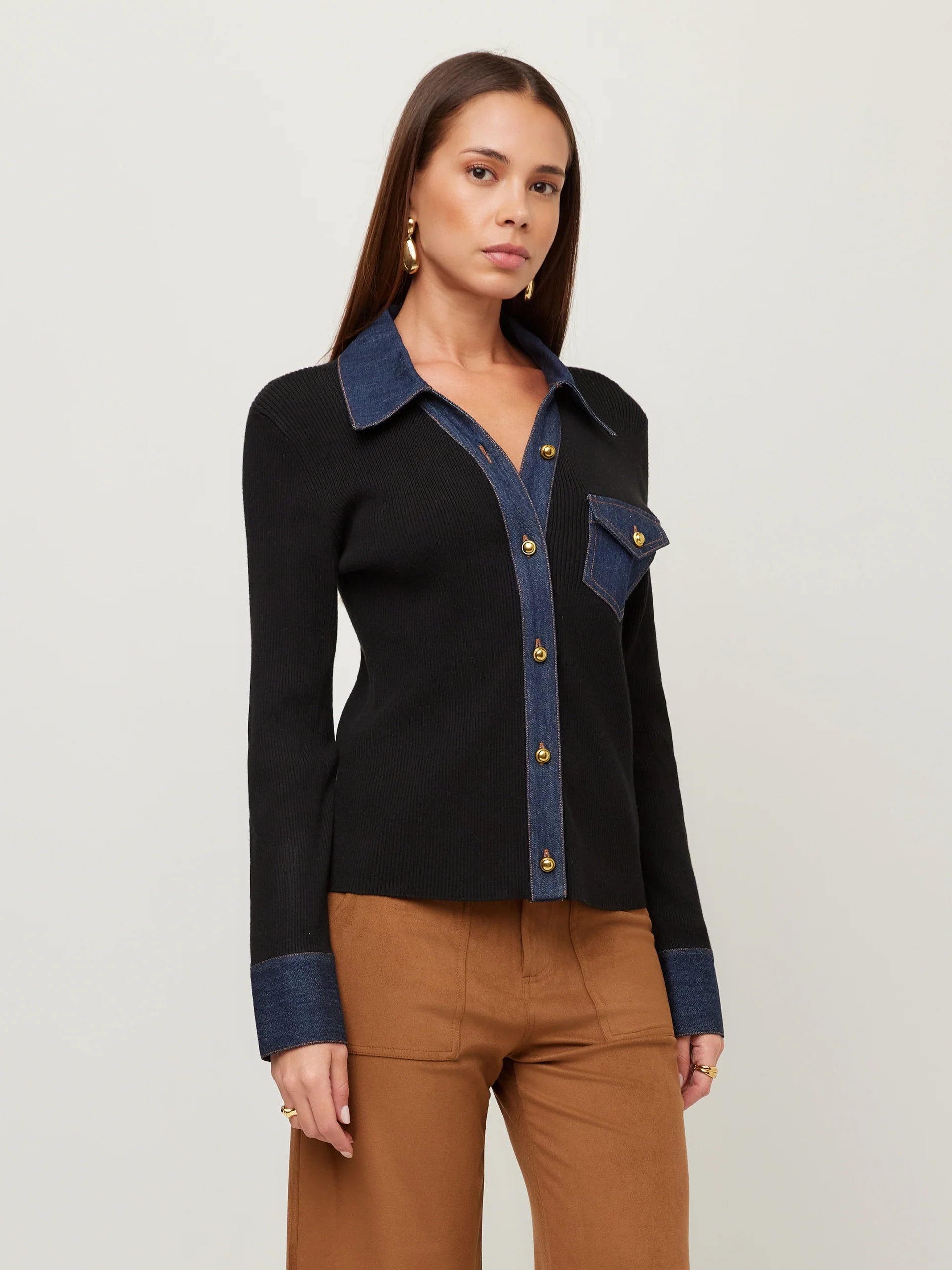 Denim Sweater Button Up Top- Black