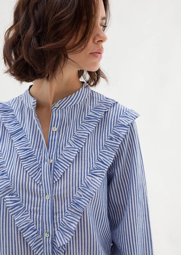 Striped Shirt With Ruffles- Blue/White