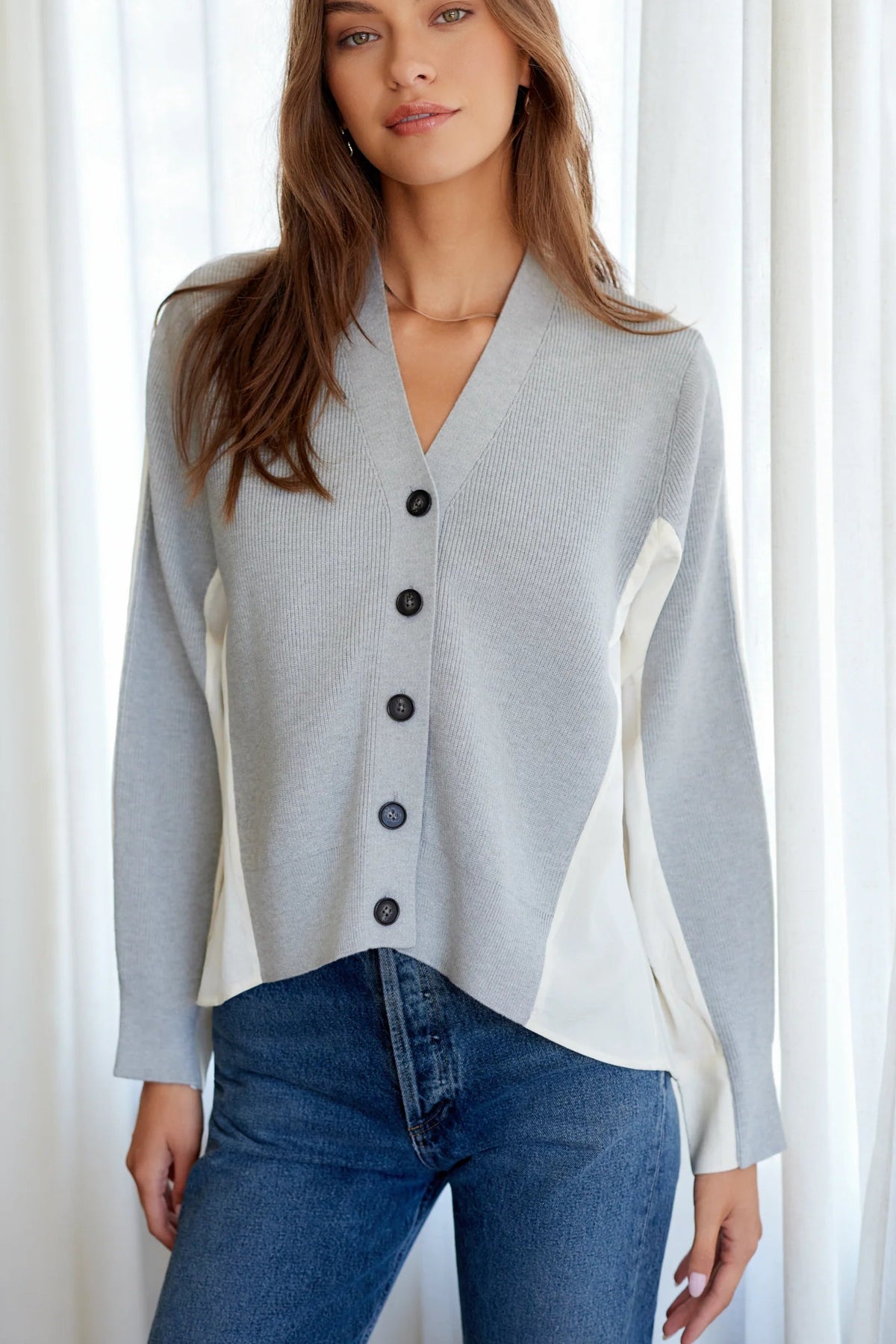 Celine Mixed Media Cardigan in Light Heather Gray
