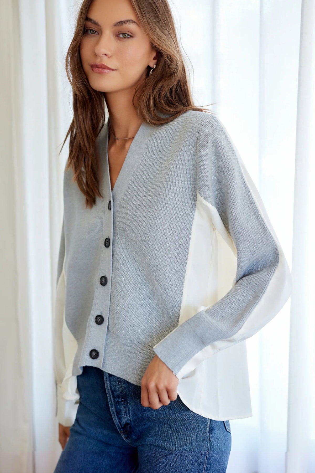 Celine Mixed Media Cardigan in Light Heather Gray