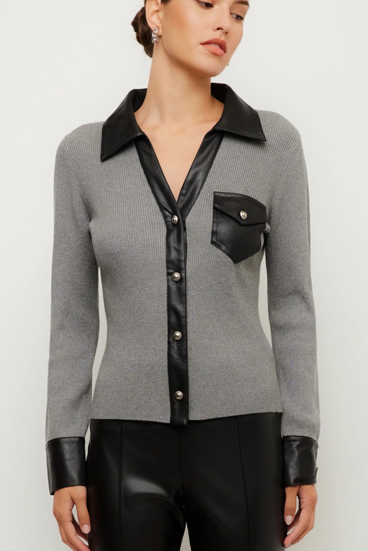 Isabella Contrast Faux Leather Button-Up Top in Gray