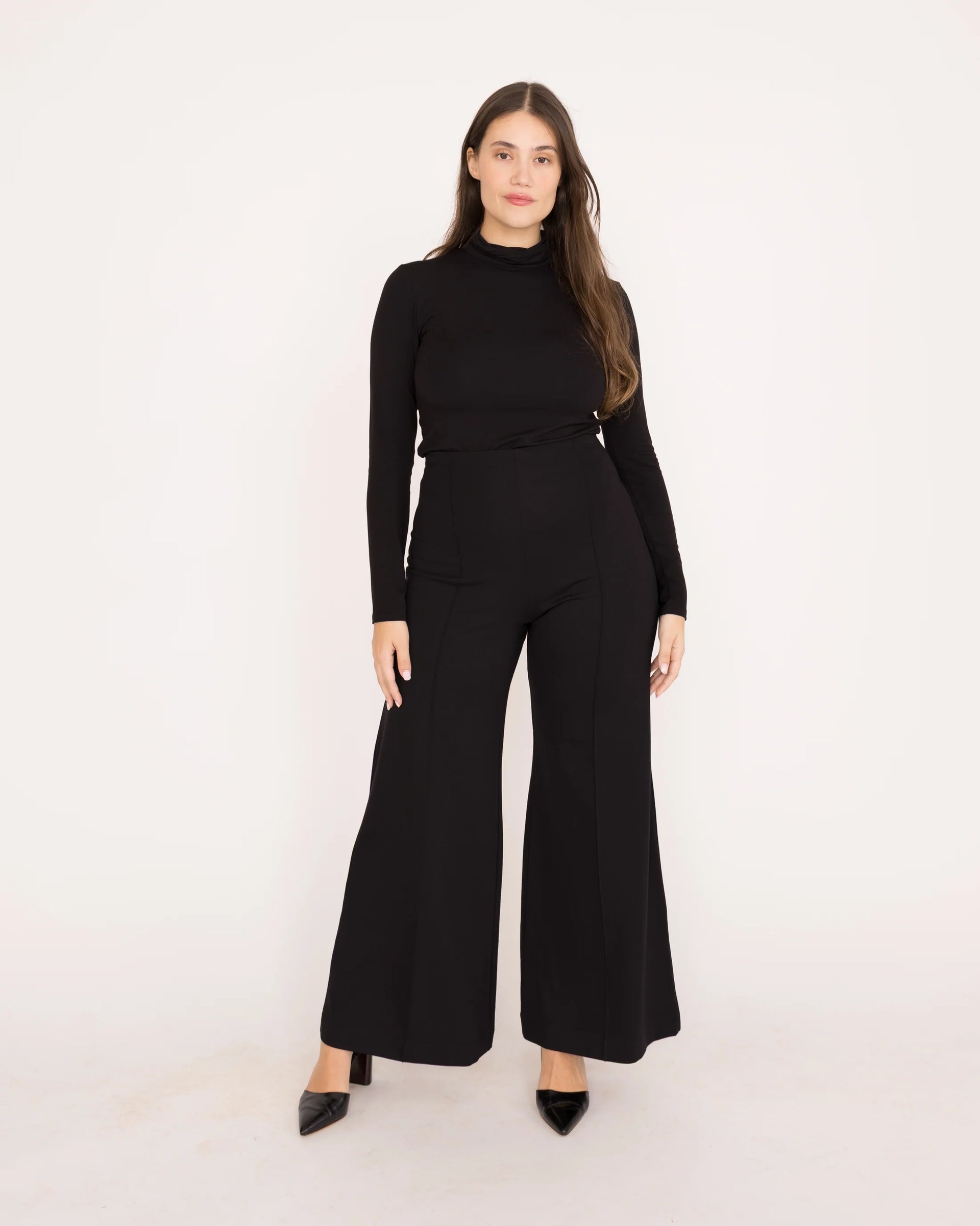 Ponte Knit Standard Wide Leg Pant- Black