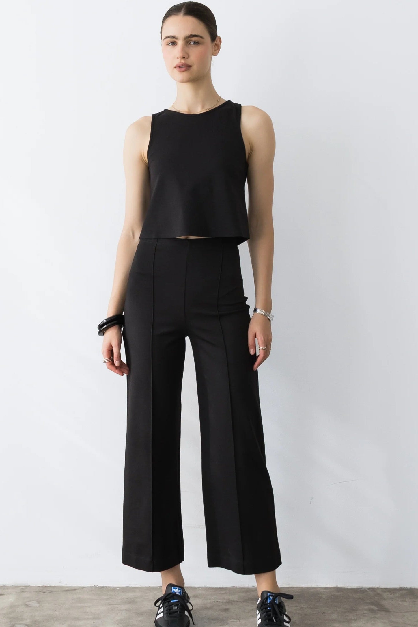 Ponte Knit Cropped Straight Leg Pant- Black