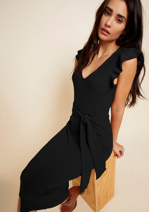 Oriana Ruffled Sash Dress- Black