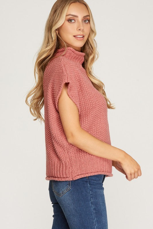 Mock Neck Sleeveless Sweater- Salmon Pink