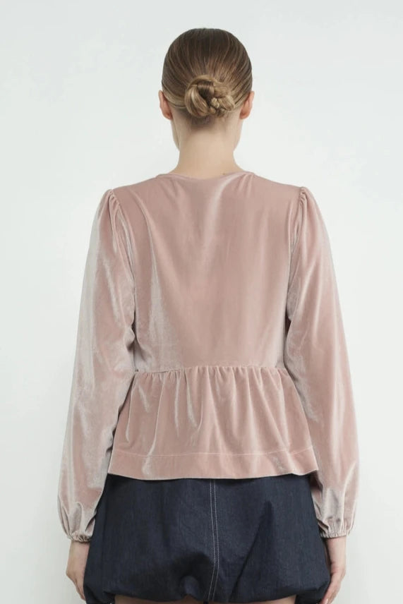 Velvet Bow Tie Peplum Blouse- Dusty Pink