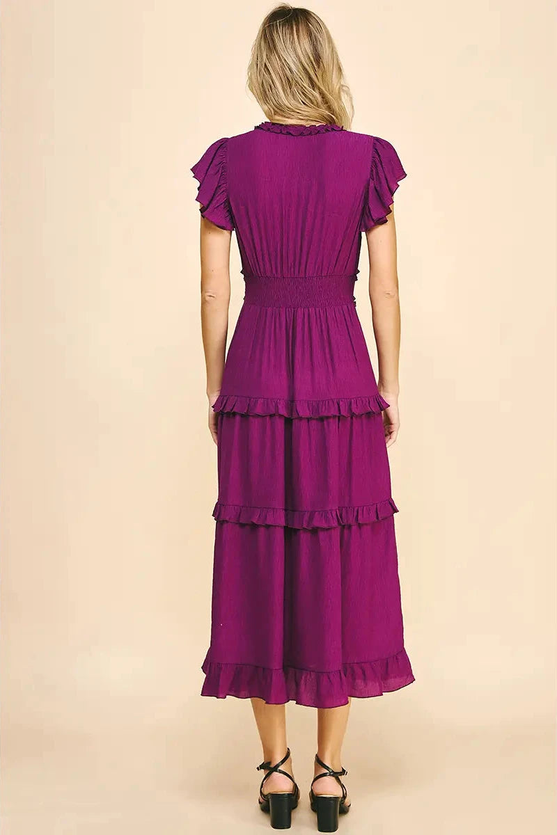 Ruffled Tea Length Dress- Deep Berry