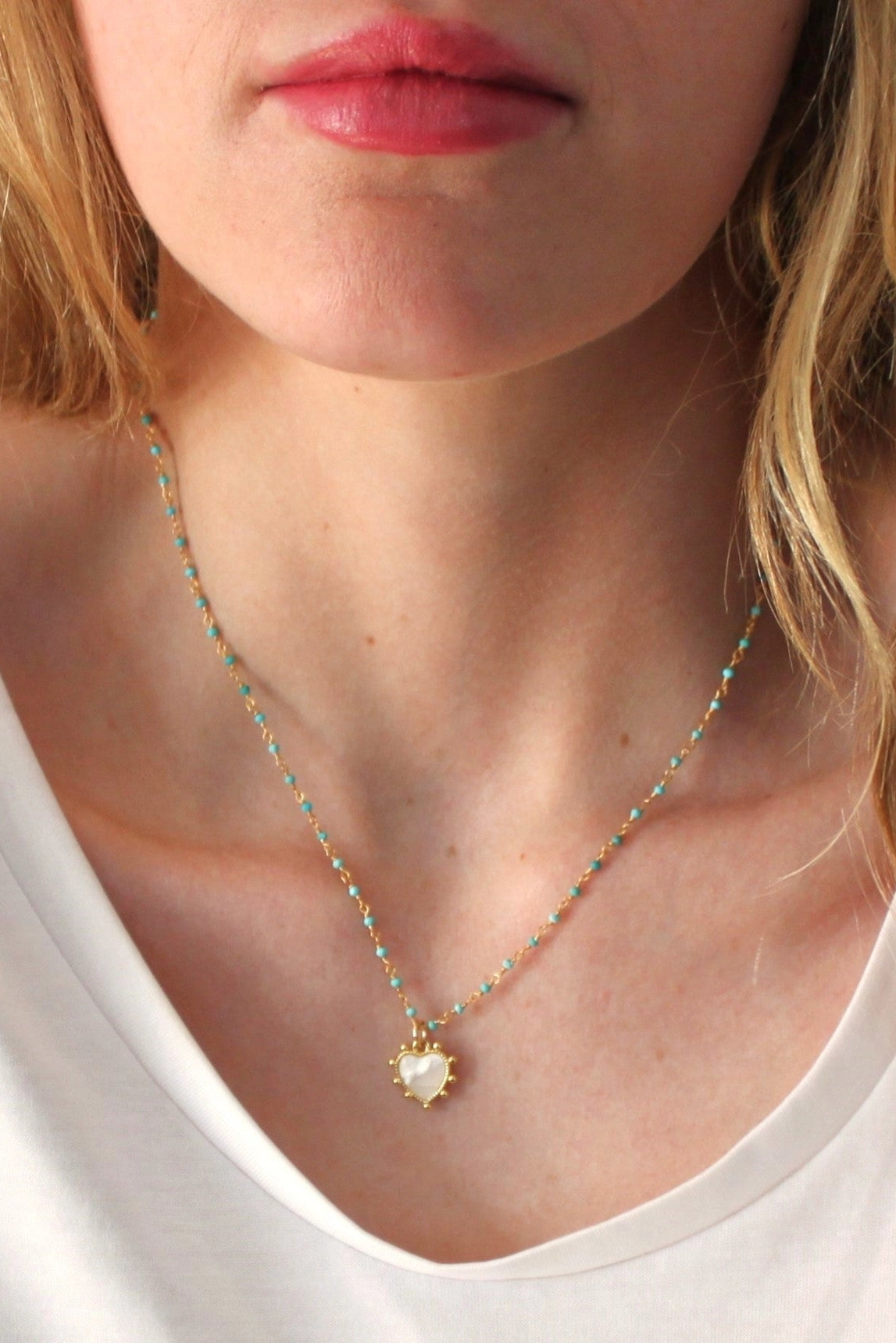 Turquoise Rosary and Heart Pendant Necklace- 16"