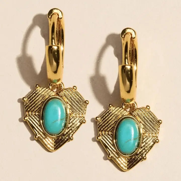 Gold Turquoise Bezel Waterproof Heart Huggie Earrings