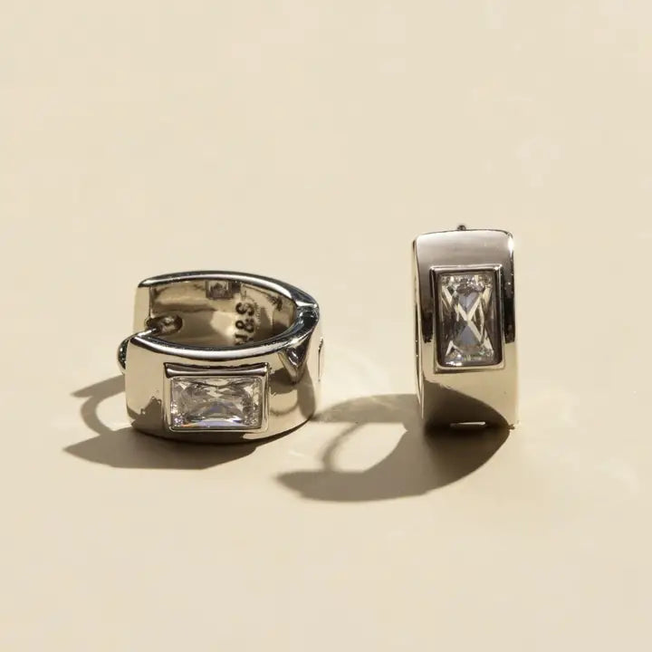 Silver Classic Baguette Bezel Huggies