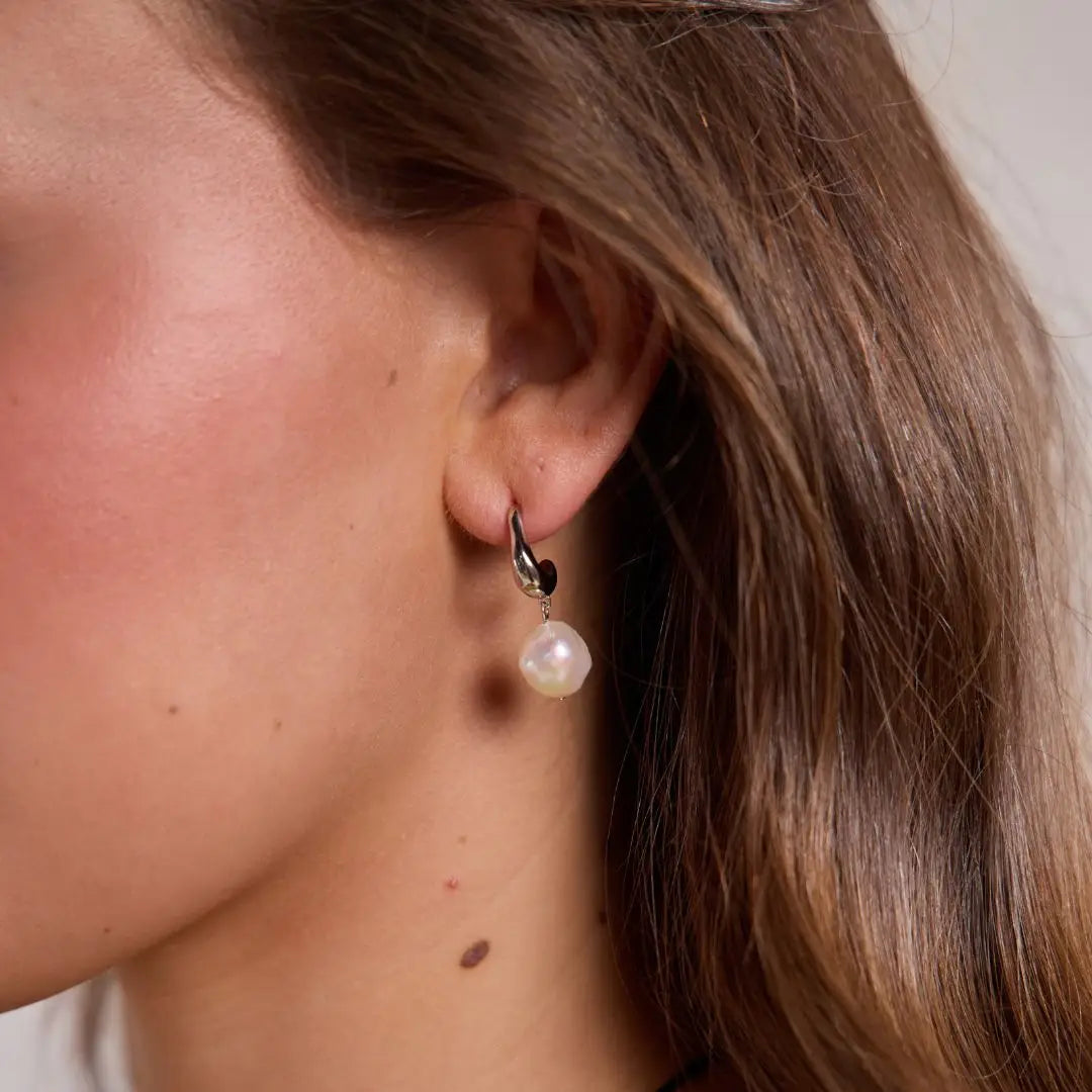 Silver Pearl Drop Hoops