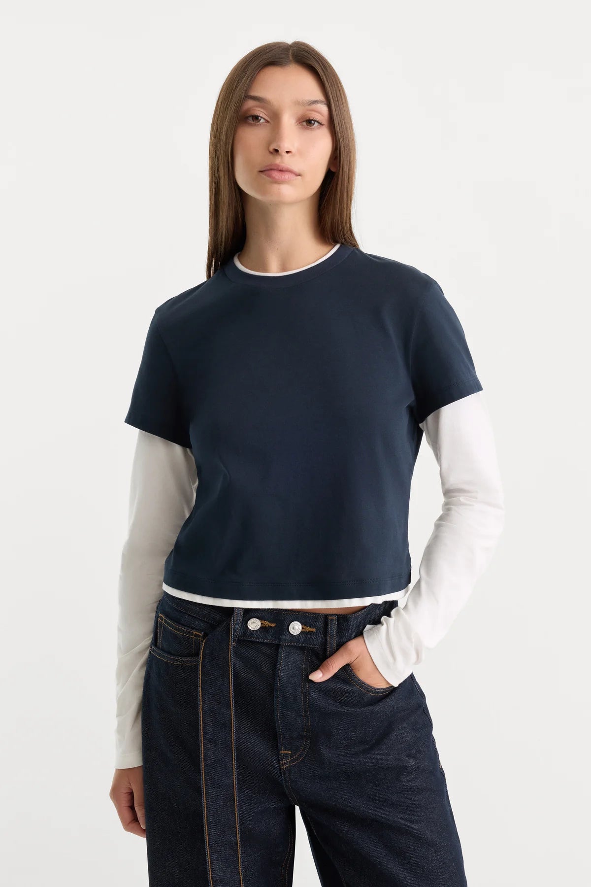 The Combo Layered Tee in Navy with Chalk