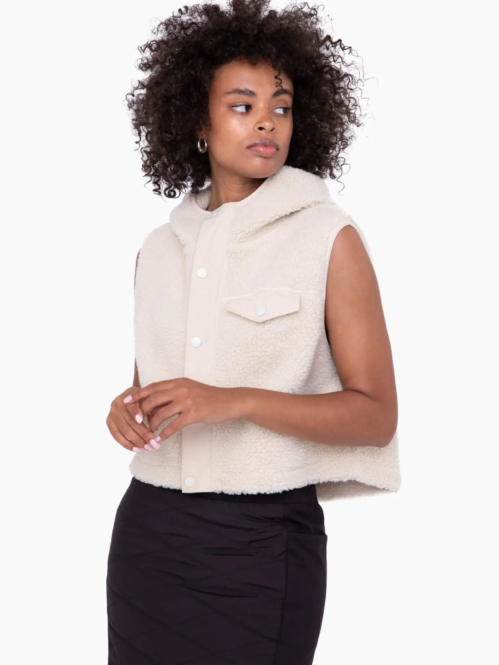 Sherpa Cropped Hoodie Vest- Natural