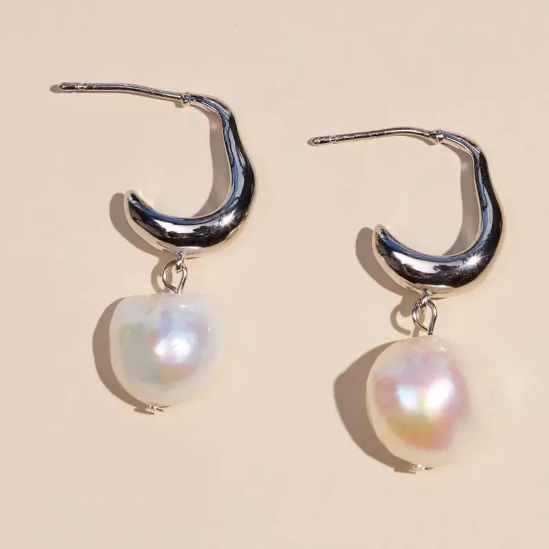 Silver Pearl Drop Hoops