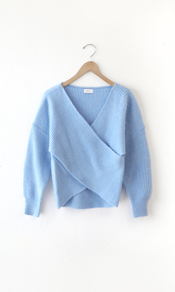 Rina Cross Front Cozy Sweater- Blue