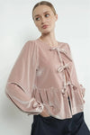 Velvet Bow Tie Peplum Blouse- Dusty Pink