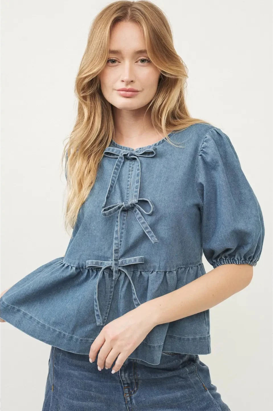 Front Bow Tie Blouse- Denim