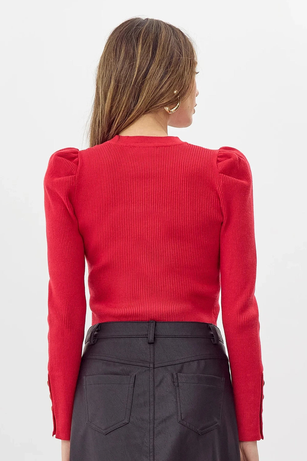 Dani Button Puff Sleeve Ribbed Knit Top—Red