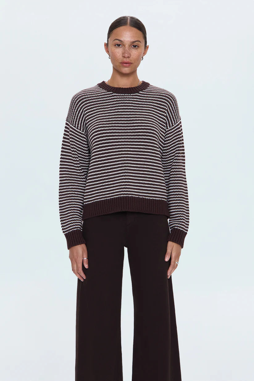 Aura Relaxed Crew Neck Sweater- Mocha Stripe