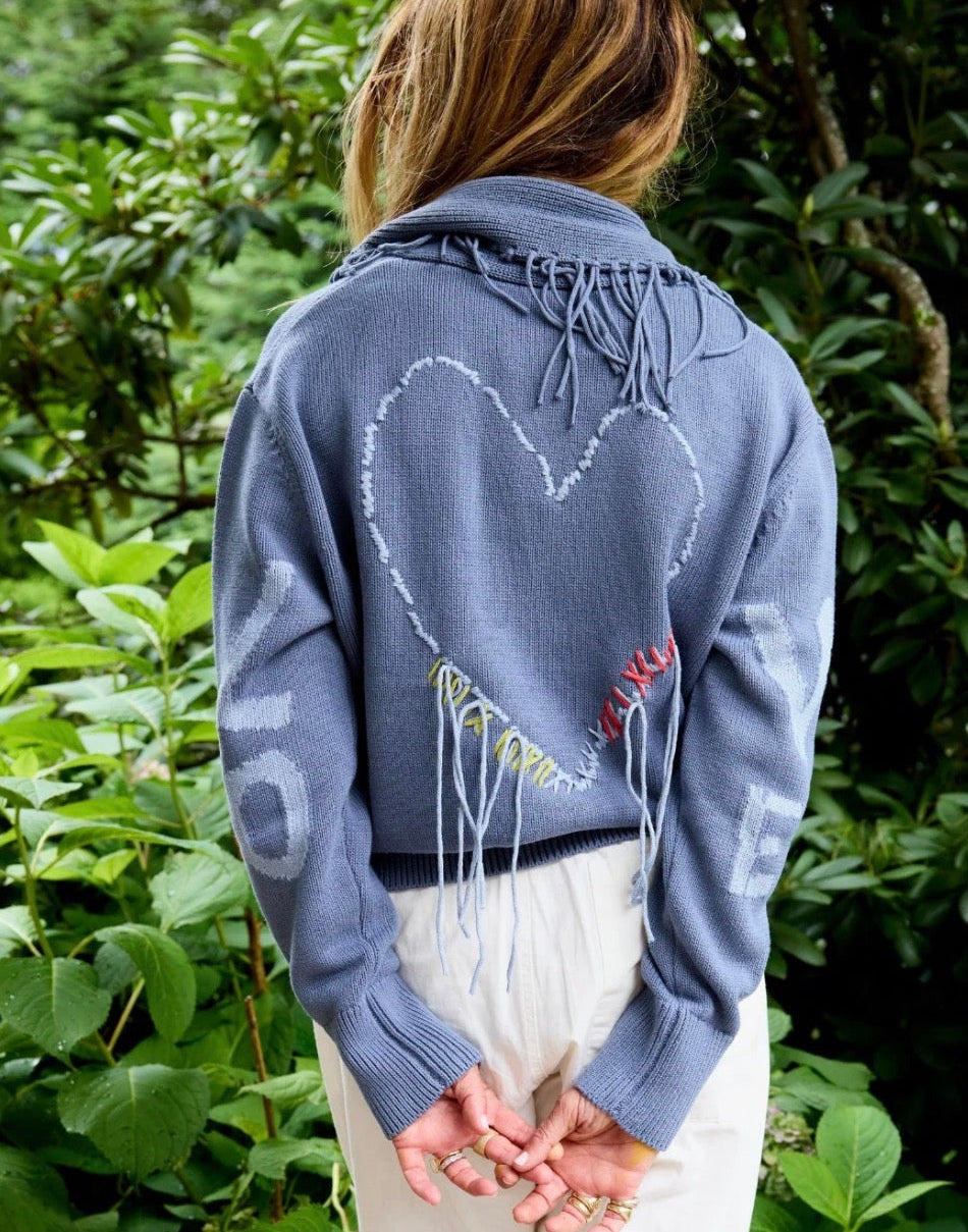 Fringe Shawl Collar Love Cardigan in Denim Blue