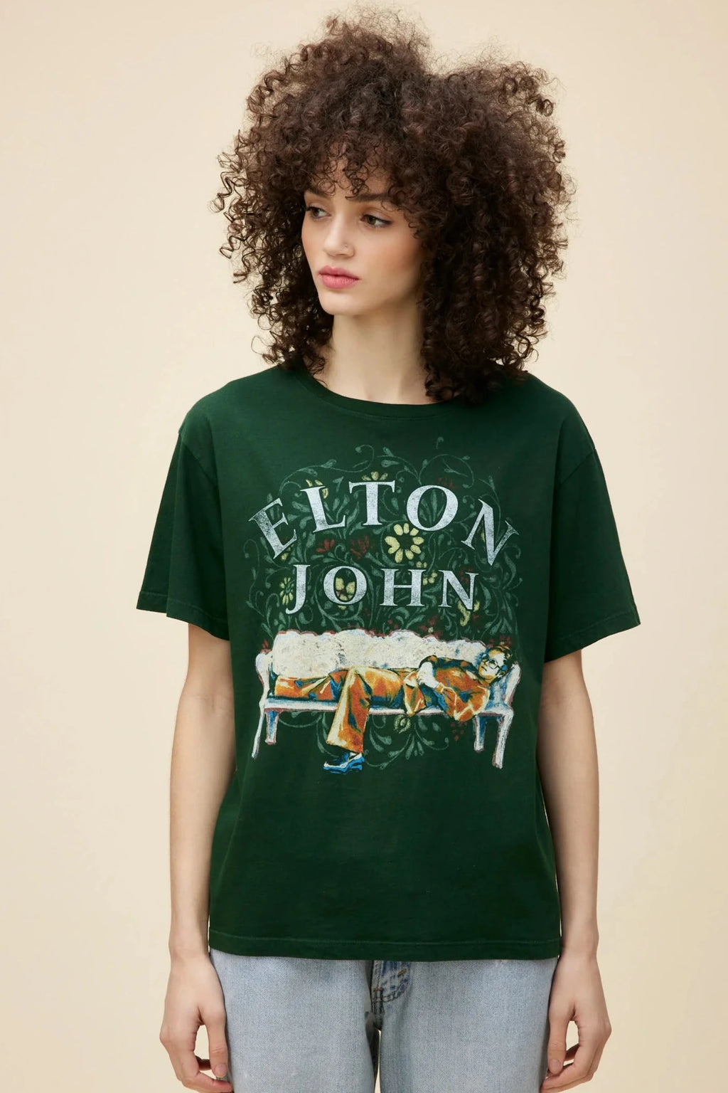 Elton John Floral Boyfriend Tee- Vintage Green