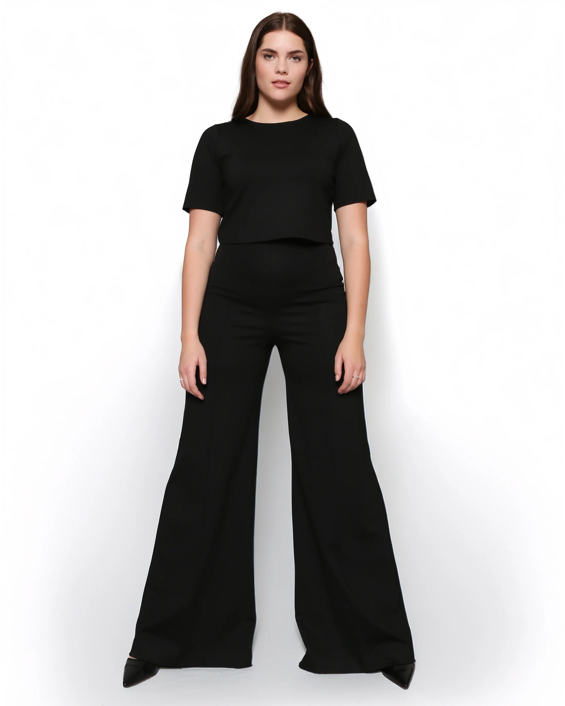 Ponte Knit Long Wide Leg Pant- Black