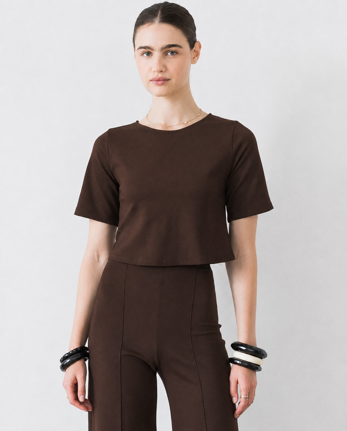 Ponte Knit Short Sleeve Top- Chocolate