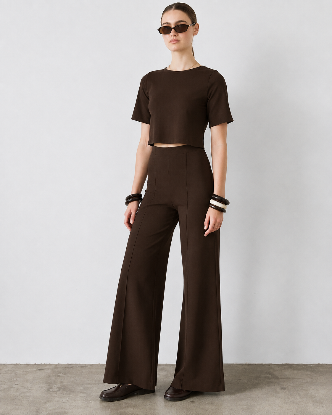 Ponte Knit Long Wide Leg Pant- Chocolate