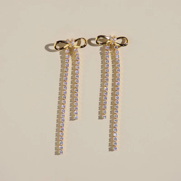 Gold Long Crystal Bow Drop Studs