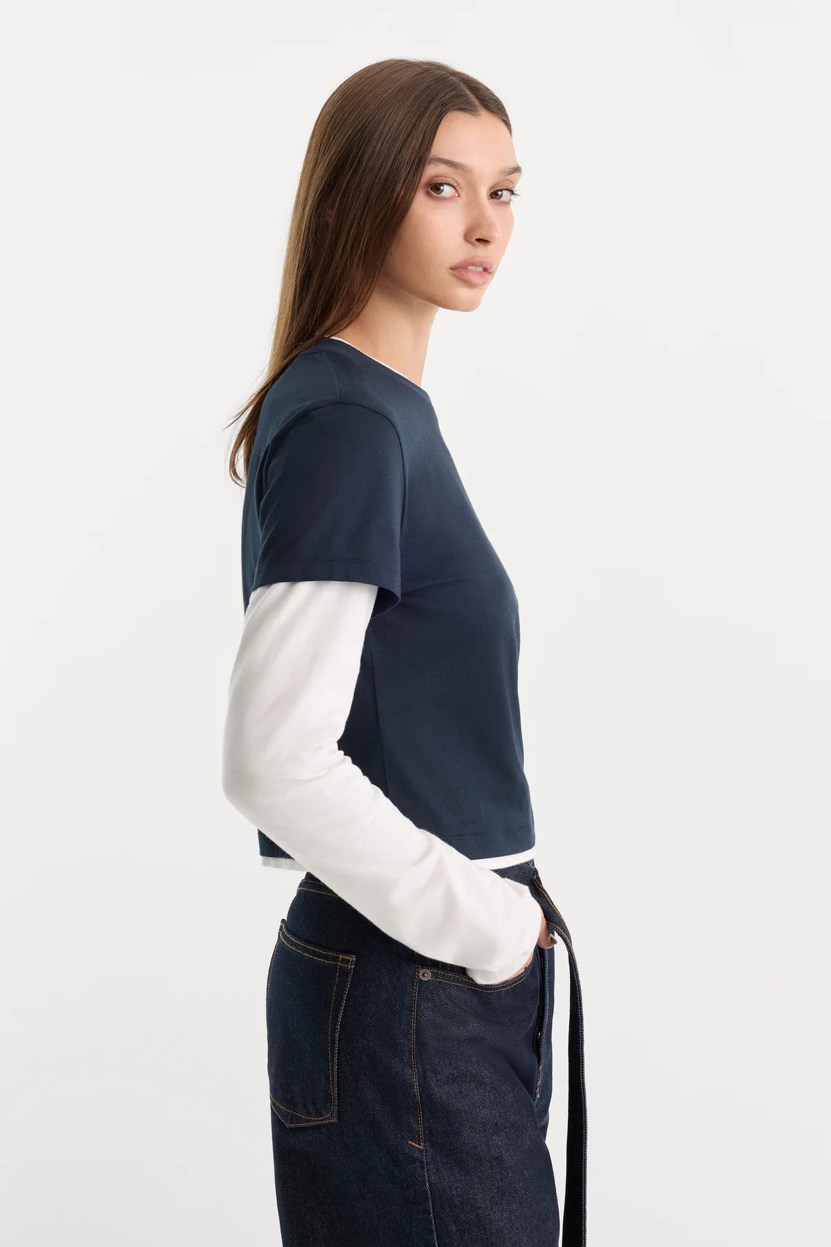 The Combo Layered Tee in Navy with Chalk