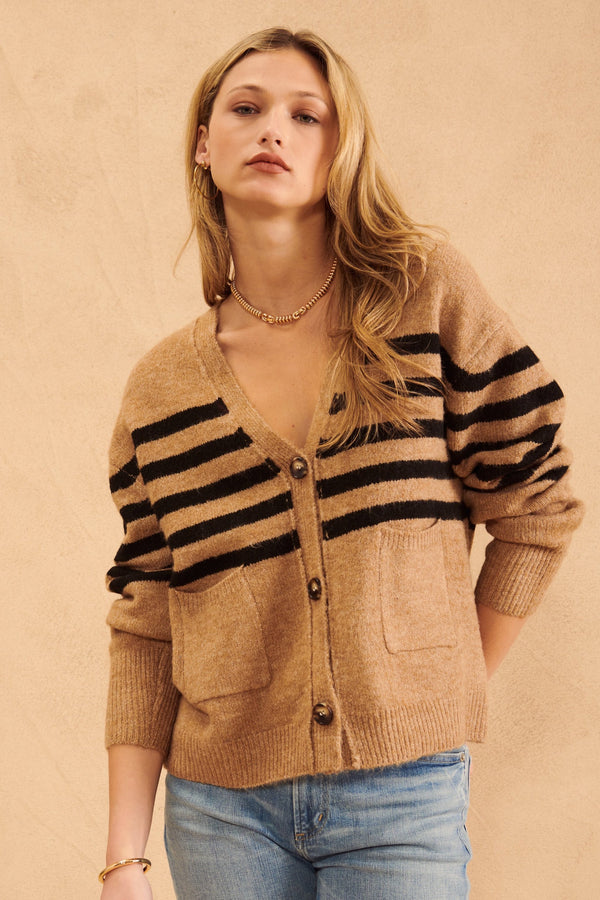 Stanley Stripe Cardigan-Camel/Black