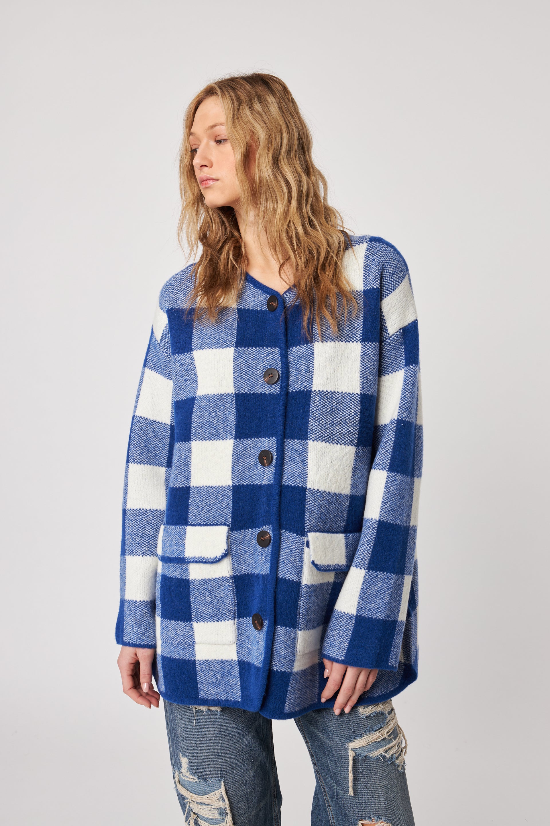 Jones Button Up Plaid Jacket—Blueberry