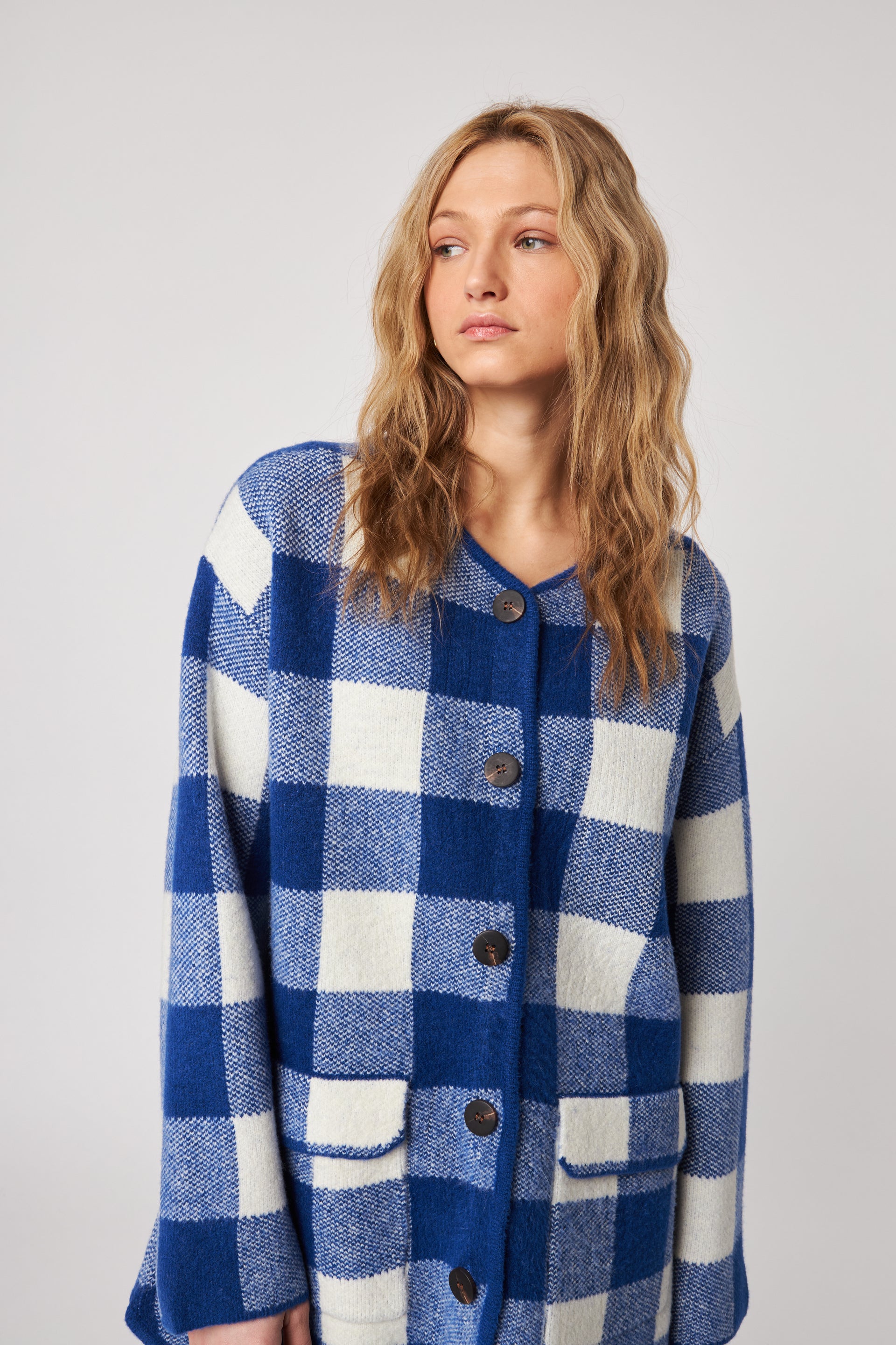 Jones Button Up Plaid Jacket—Blueberry