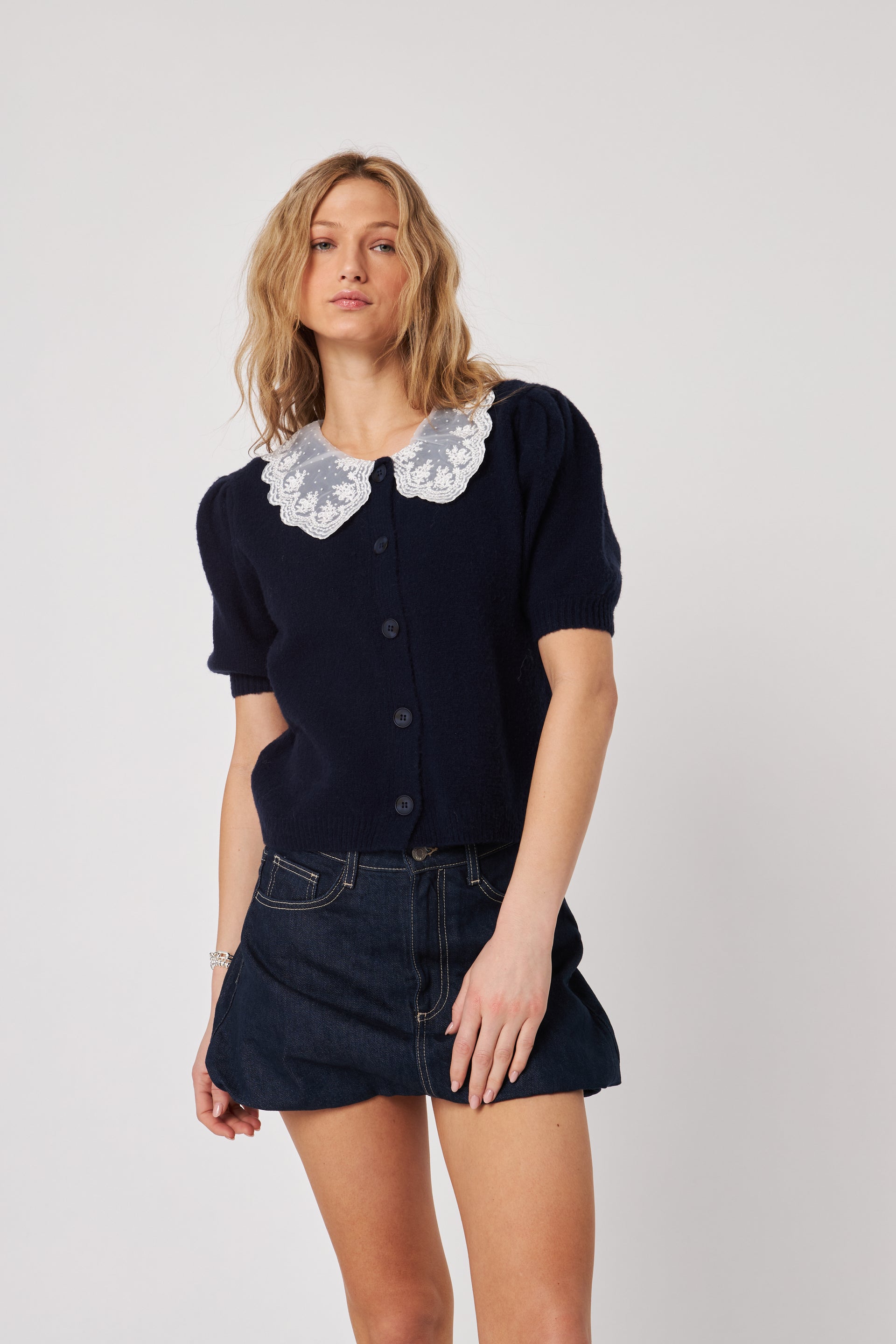 Mario Short Sleeve Cardigan—Deep Midnight