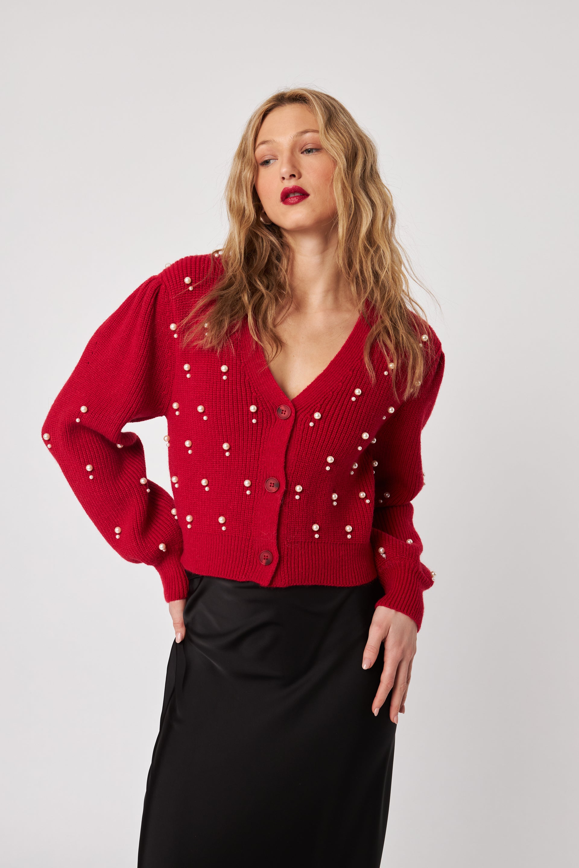 Bowen Cardigan With Pearls- Poinsettia