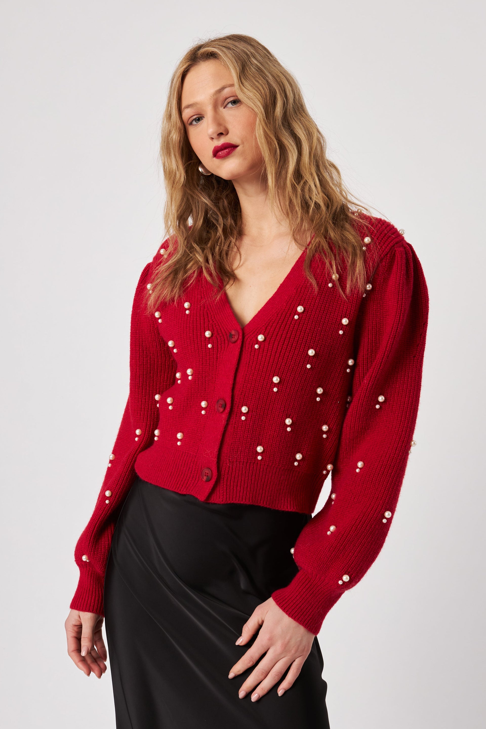 Bowen Cardigan With Pearls- Poinsettia