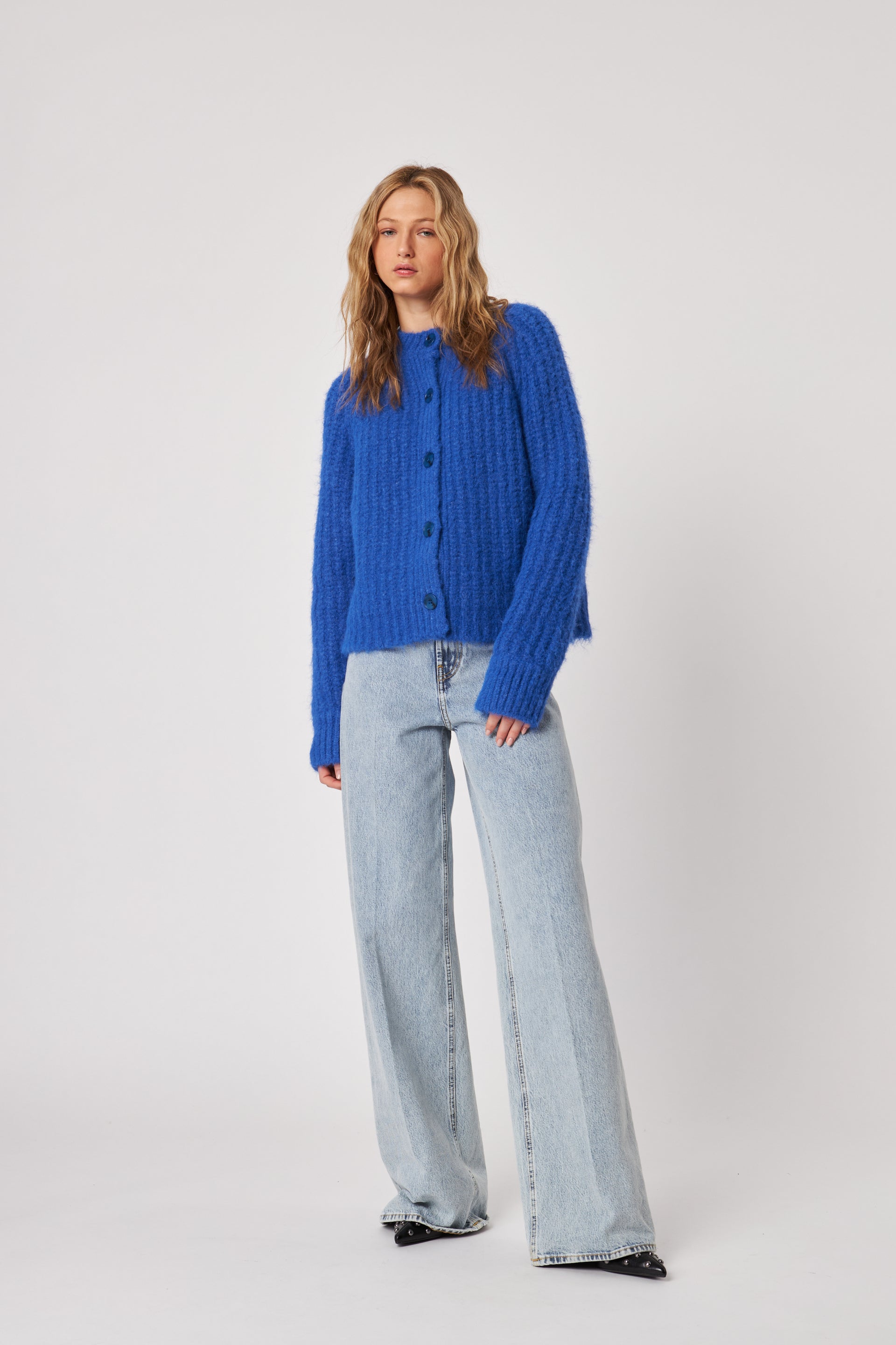 Benny Relaxed Ribbed Cardigan—Electric Cobalt