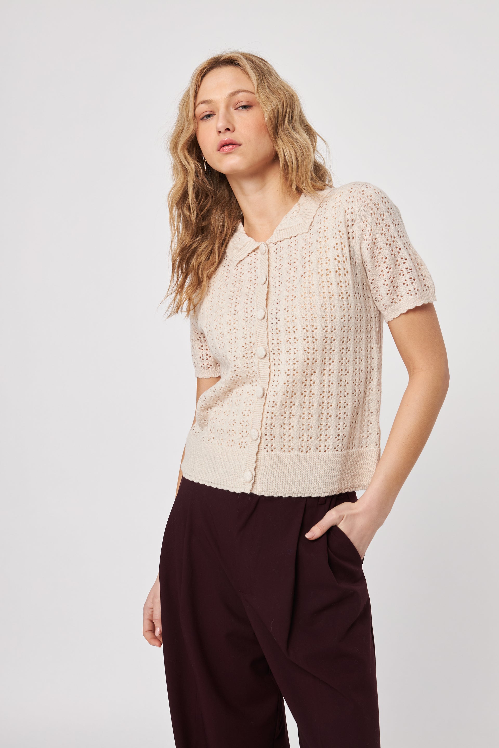 Crew Short Sleeve Cardigan—Pearl Blush