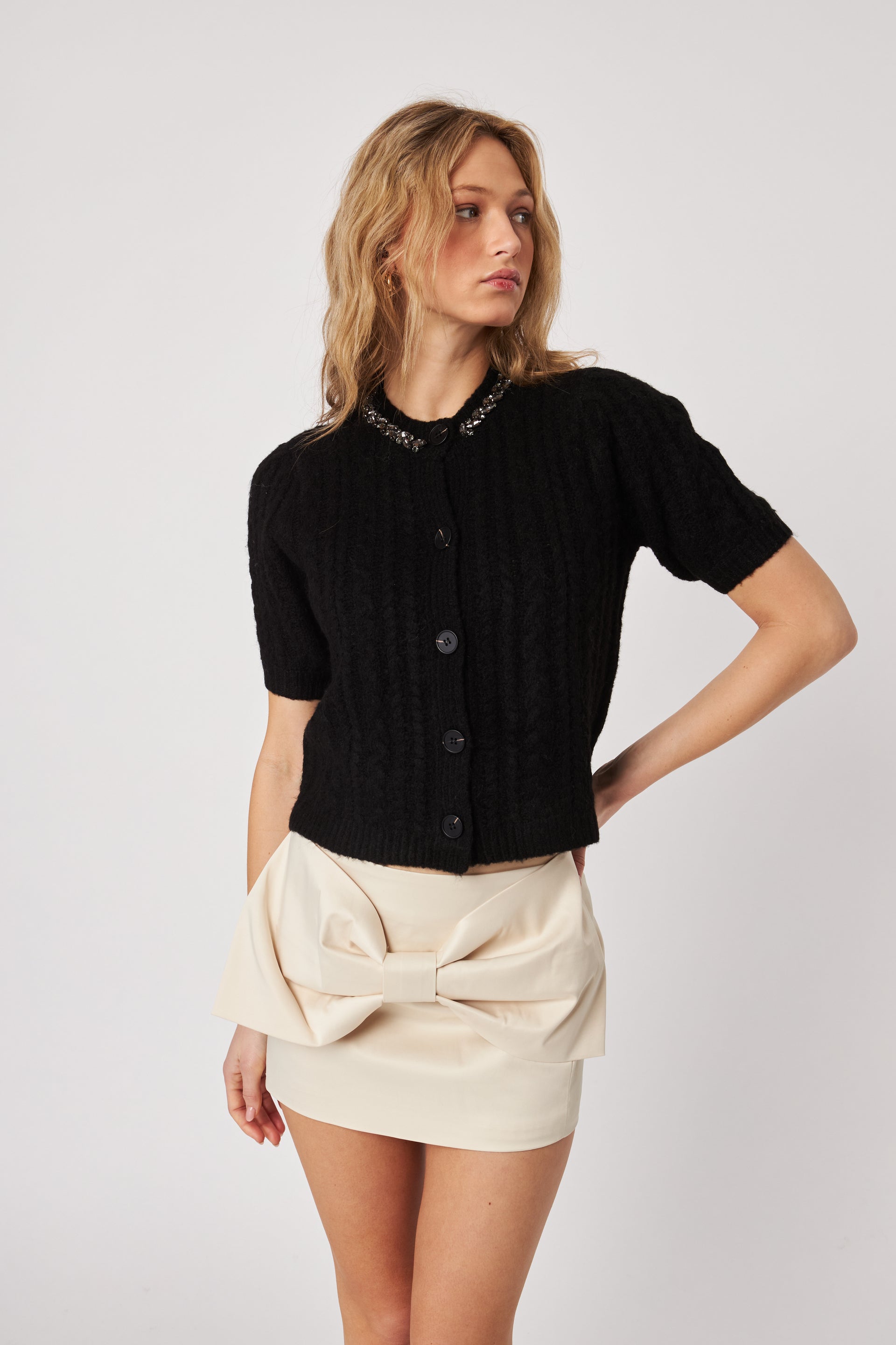 Maxwell Rhinestone Short Sleeve Cardigan- Glitzy Night