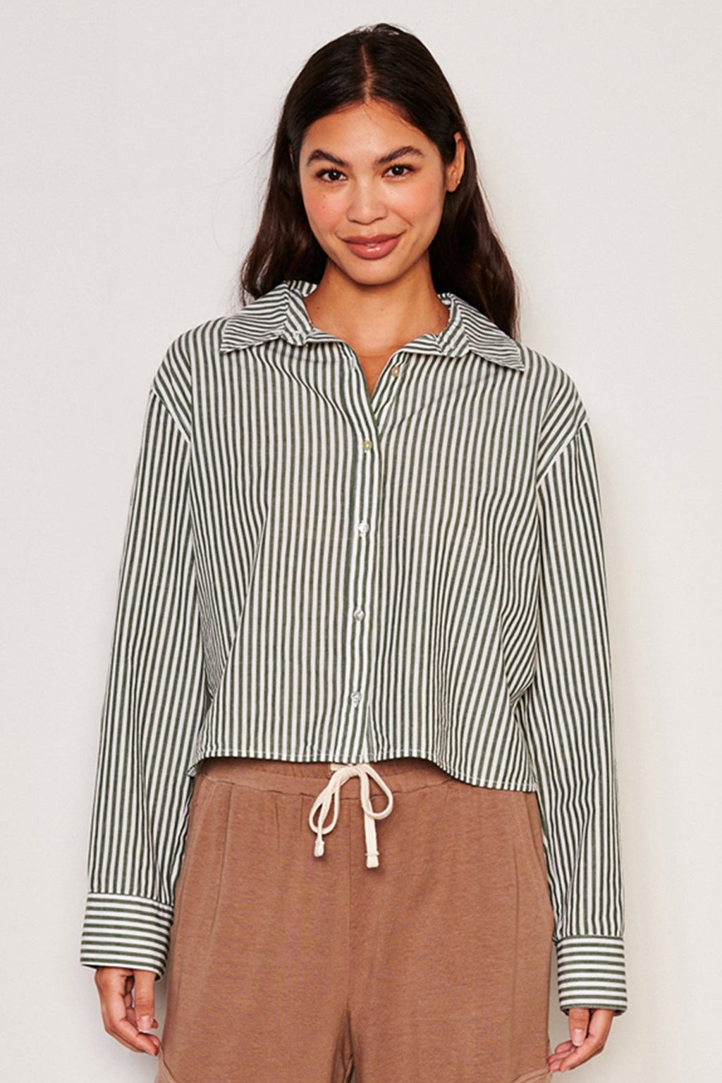 Classic Crop Button Down Shirt- Fern Stripe