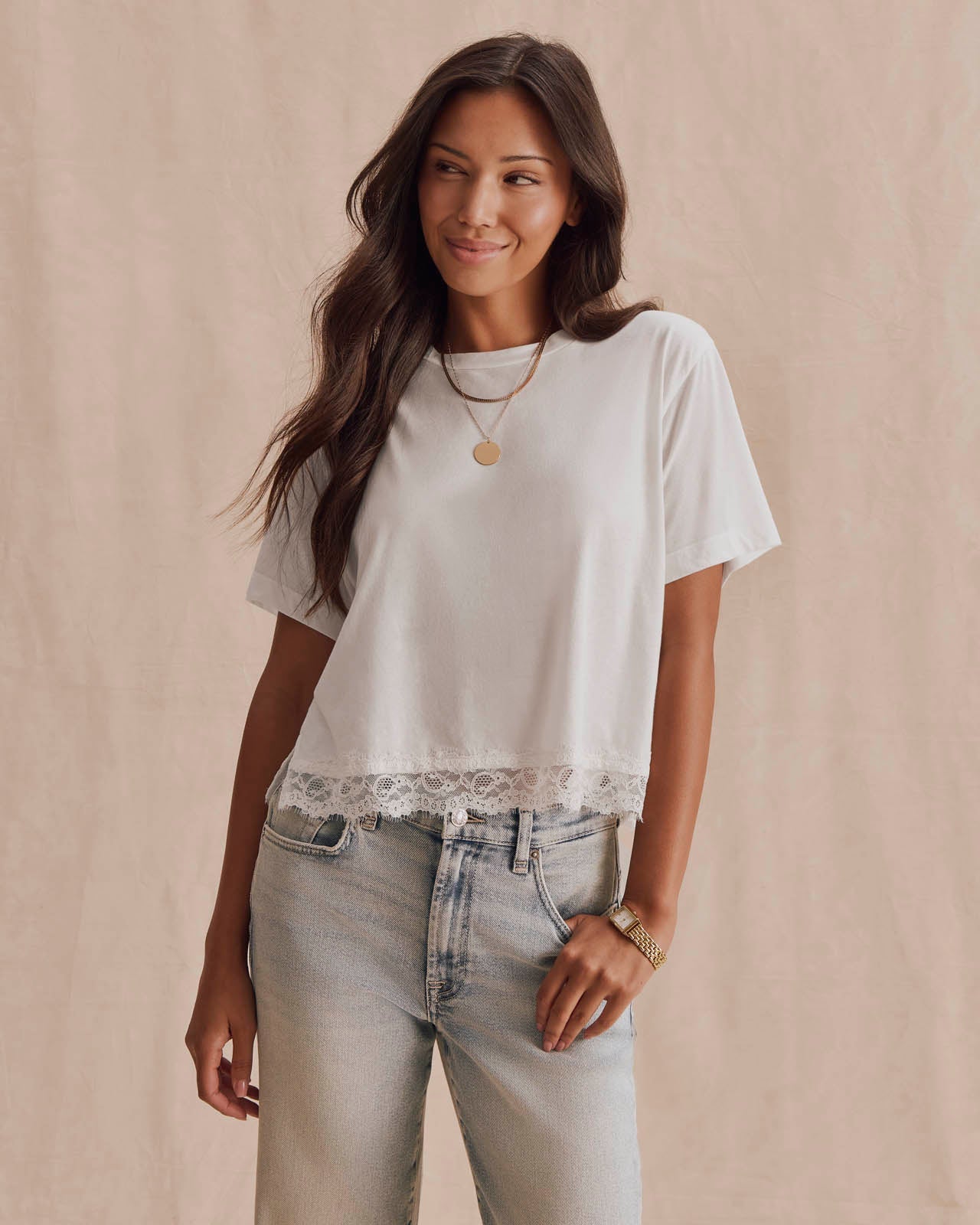 Lainey Lace Trim Short Sleeve Tee- Shell