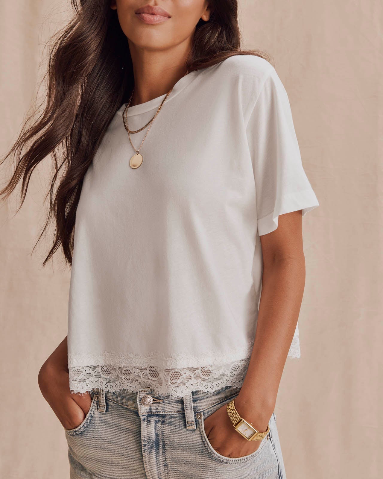 Lainey Lace Trim Short Sleeve Tee- Shell