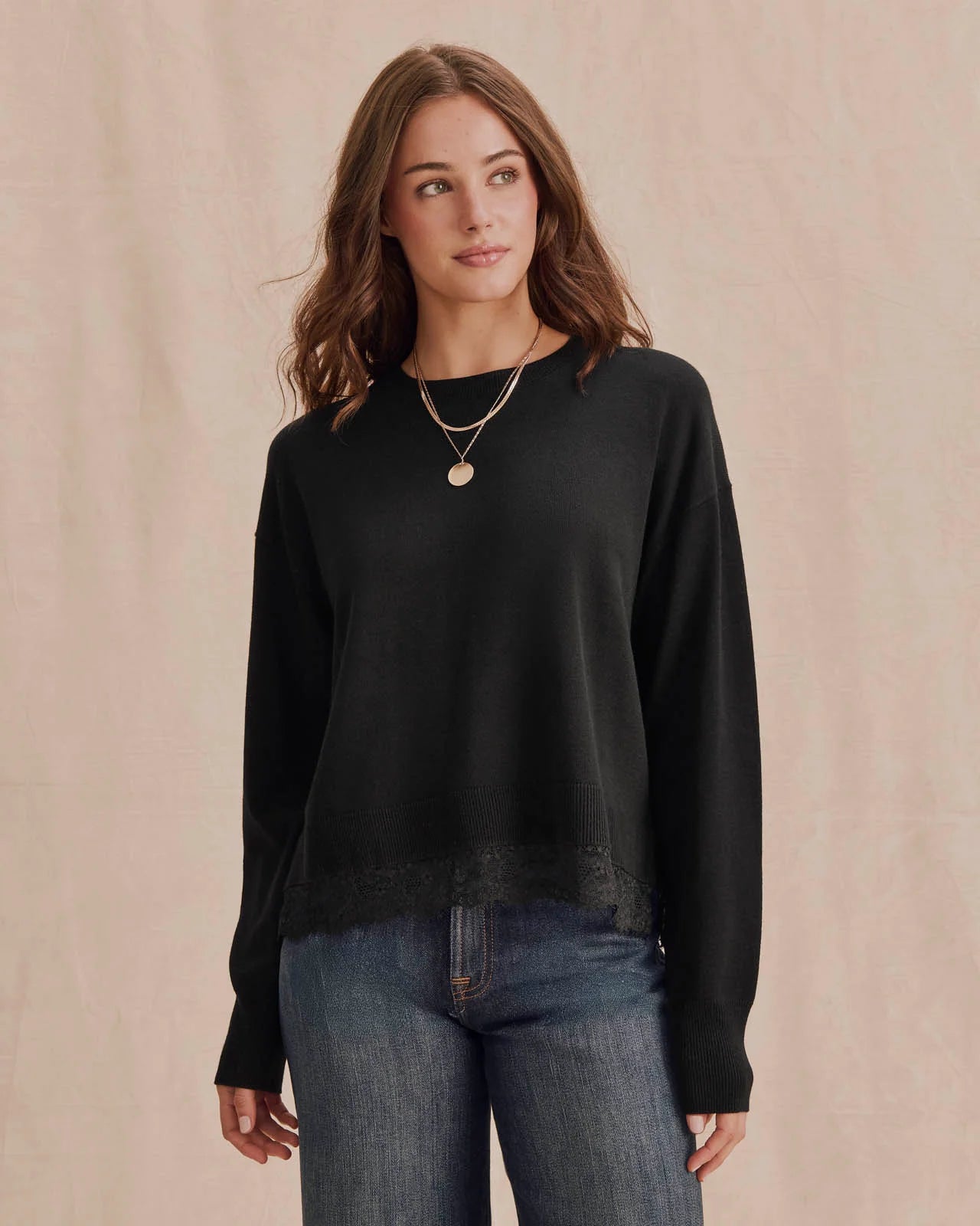 Georgie Lace Trim Pullover- Black