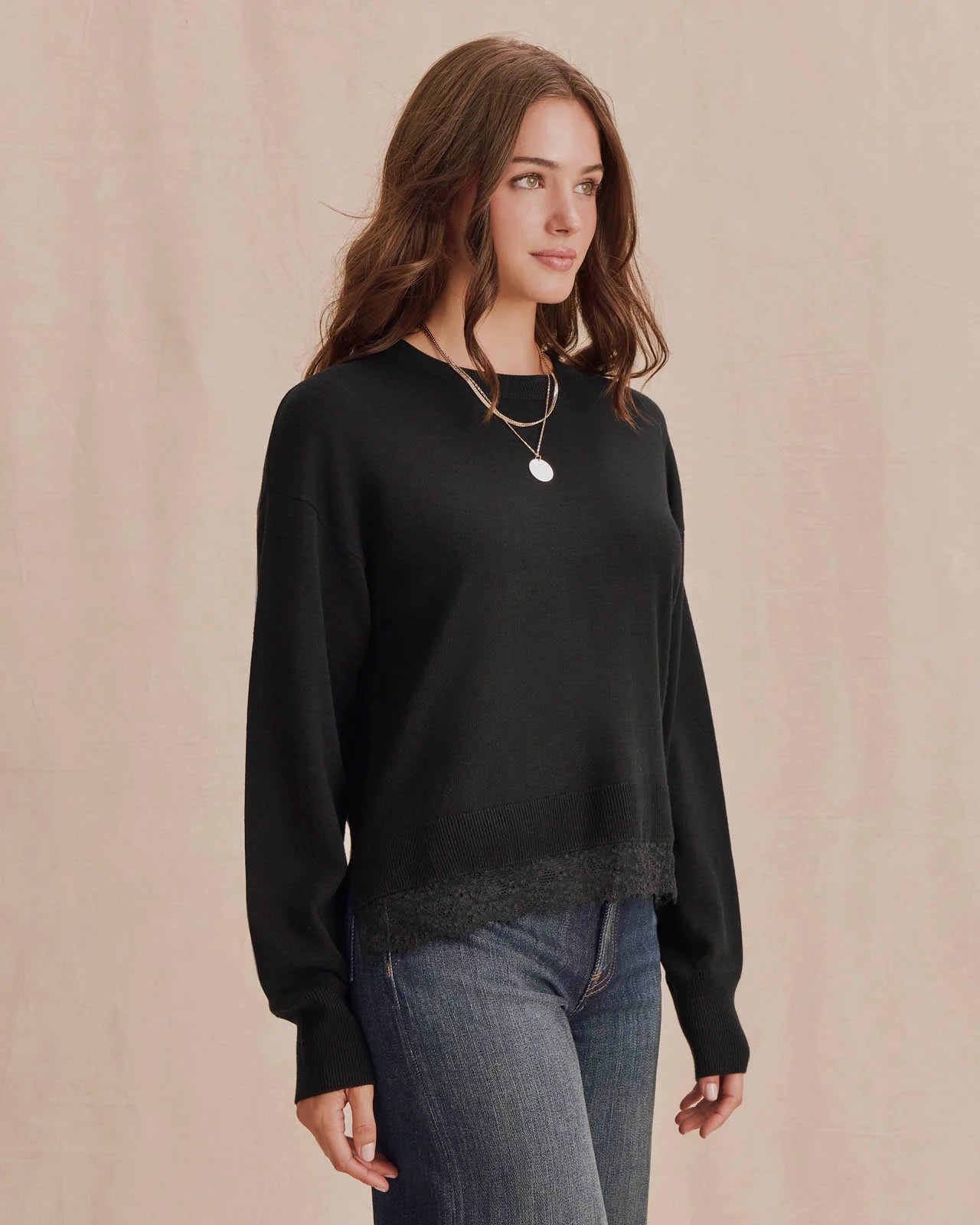 Georgie Lace Trim Pullover- Black
