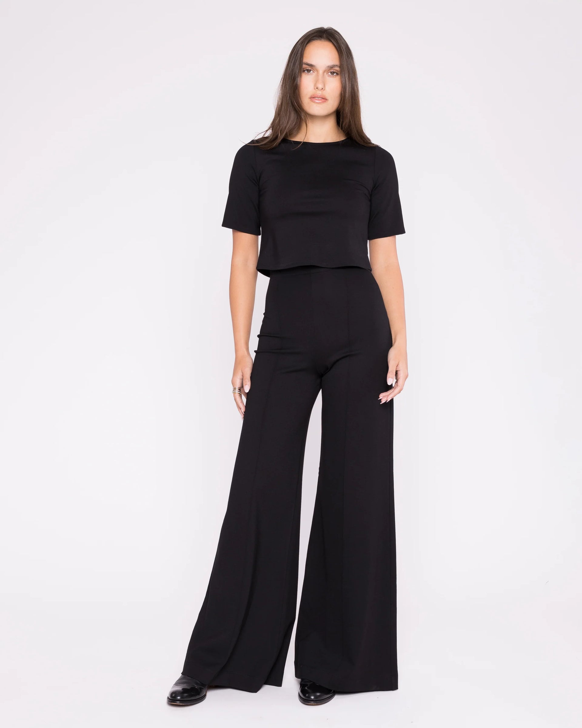 Ponte Knit Long Wide Leg Pant- Black