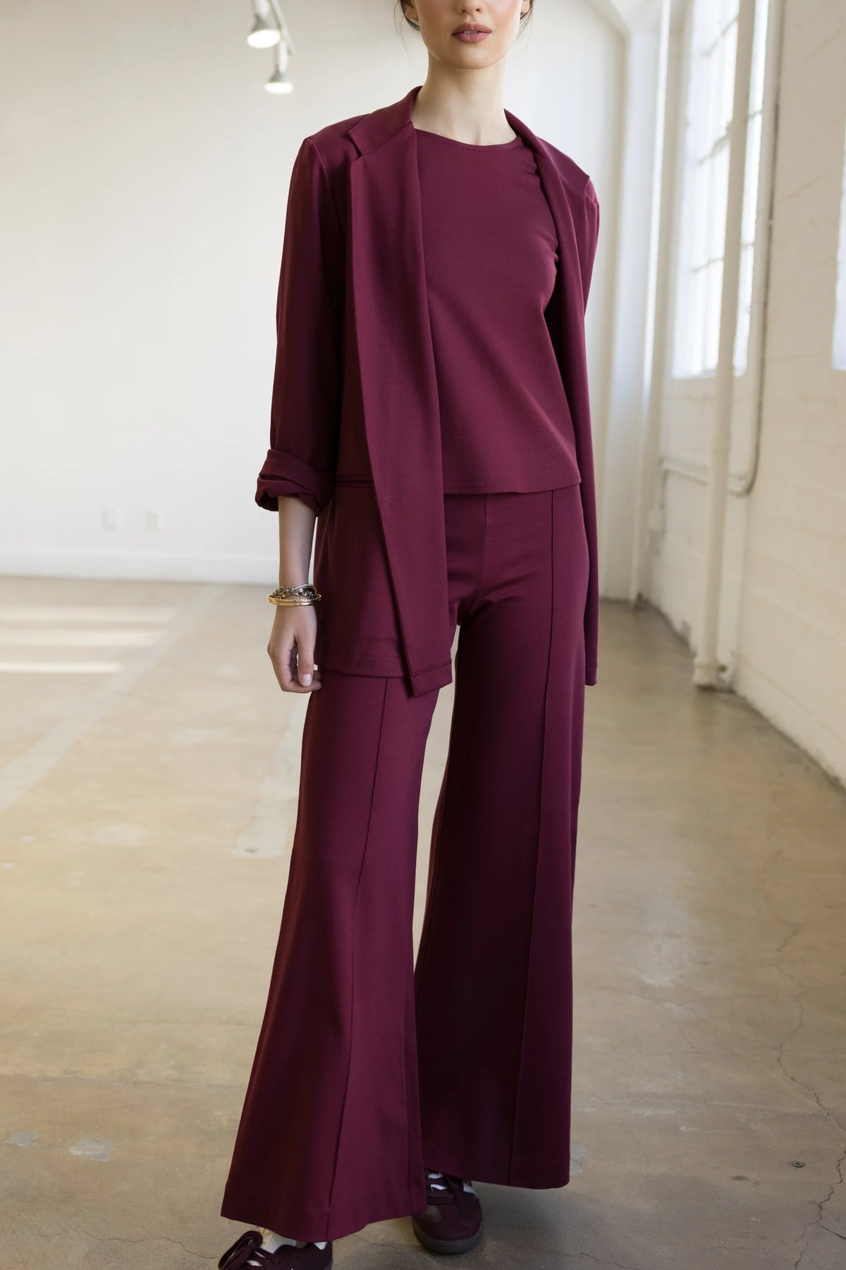 Wine Ponte Knit Standard Wide Leg Pant