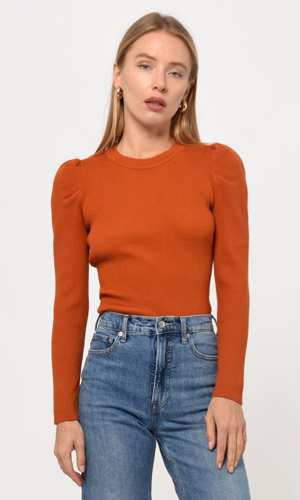 Felina Puff Sleeve Ribbed Knit Top- Orange