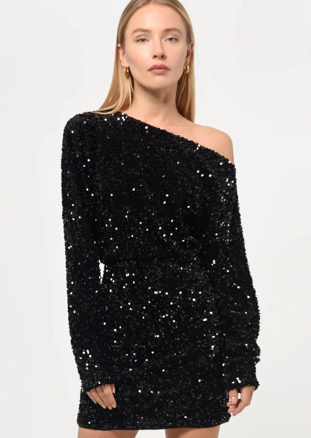 Sequin Boatneck Mini Dress- Black